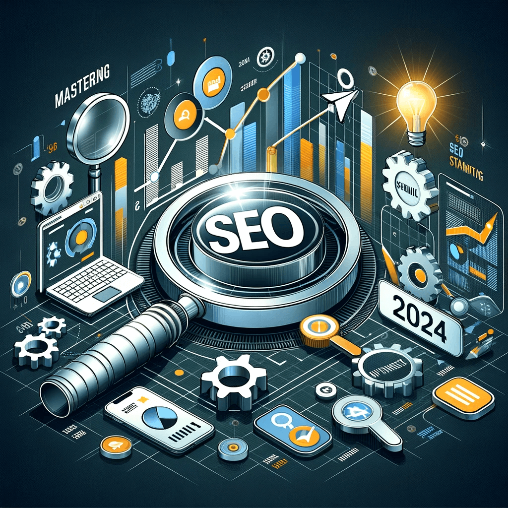 A digital marketing and SEO themed graphic. It should represent the concept of mastering SEO in 2024