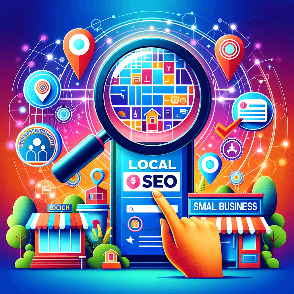 A vibrant and engaging graphic representing Local SEO for small businesses. The image should feature symbolic elements like a magnifying glass