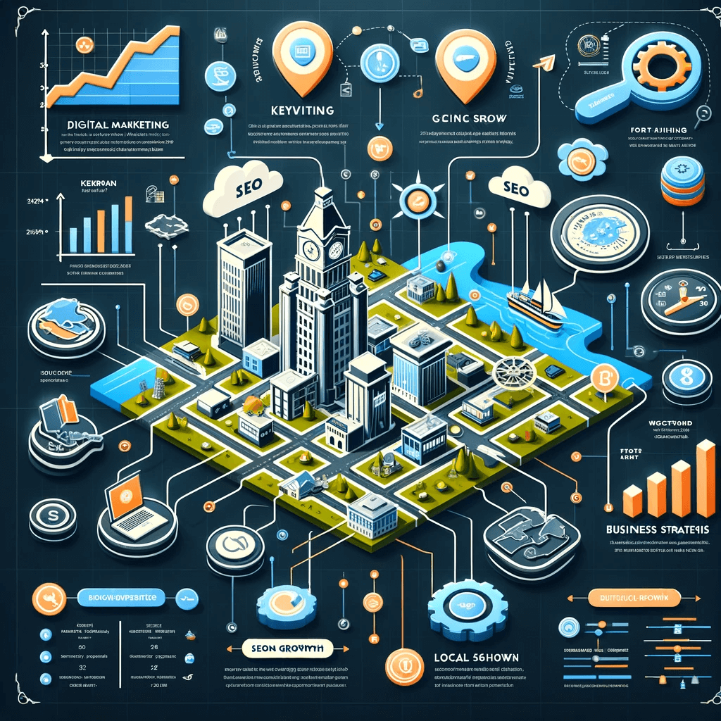 A detailed and professional infographic illustrating the key points of SEO for business growth in Port Huron, Michigan. 