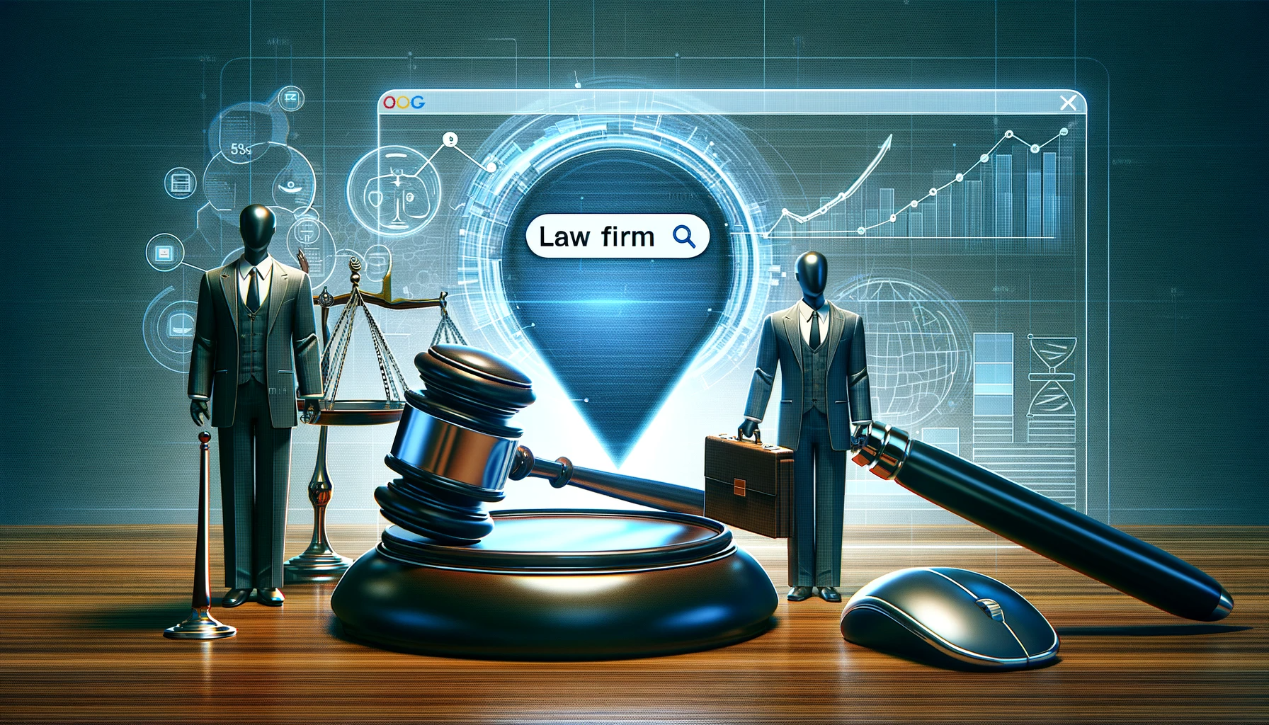 A digital illustration of a search box displaying a law firm's name as the top suggestion.