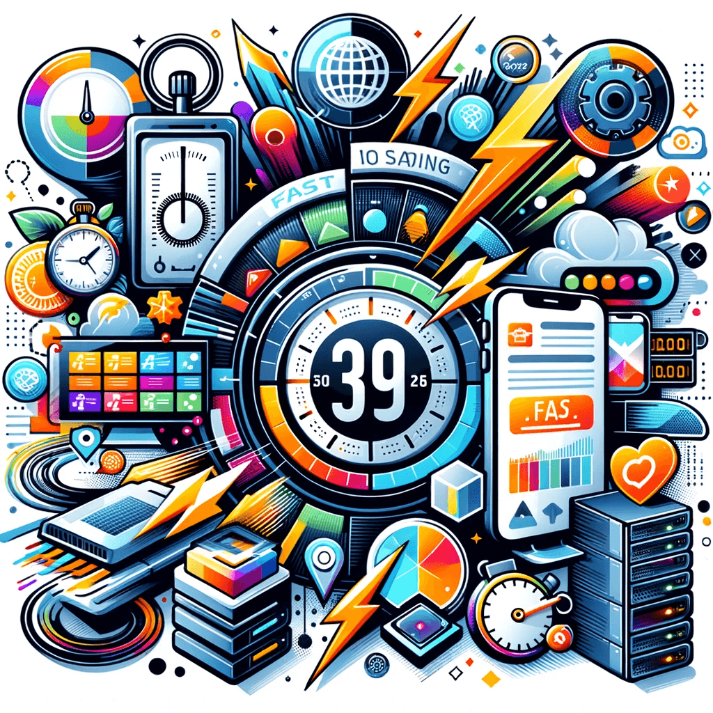 A collage showcasing various elements of website speed optimization. The graphic includes symbols representing fast loading speeds